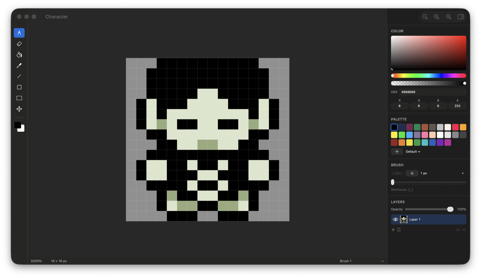 Pixelos with a 16×16 character open at 3200%, showing the tool strip, canvas and inspector